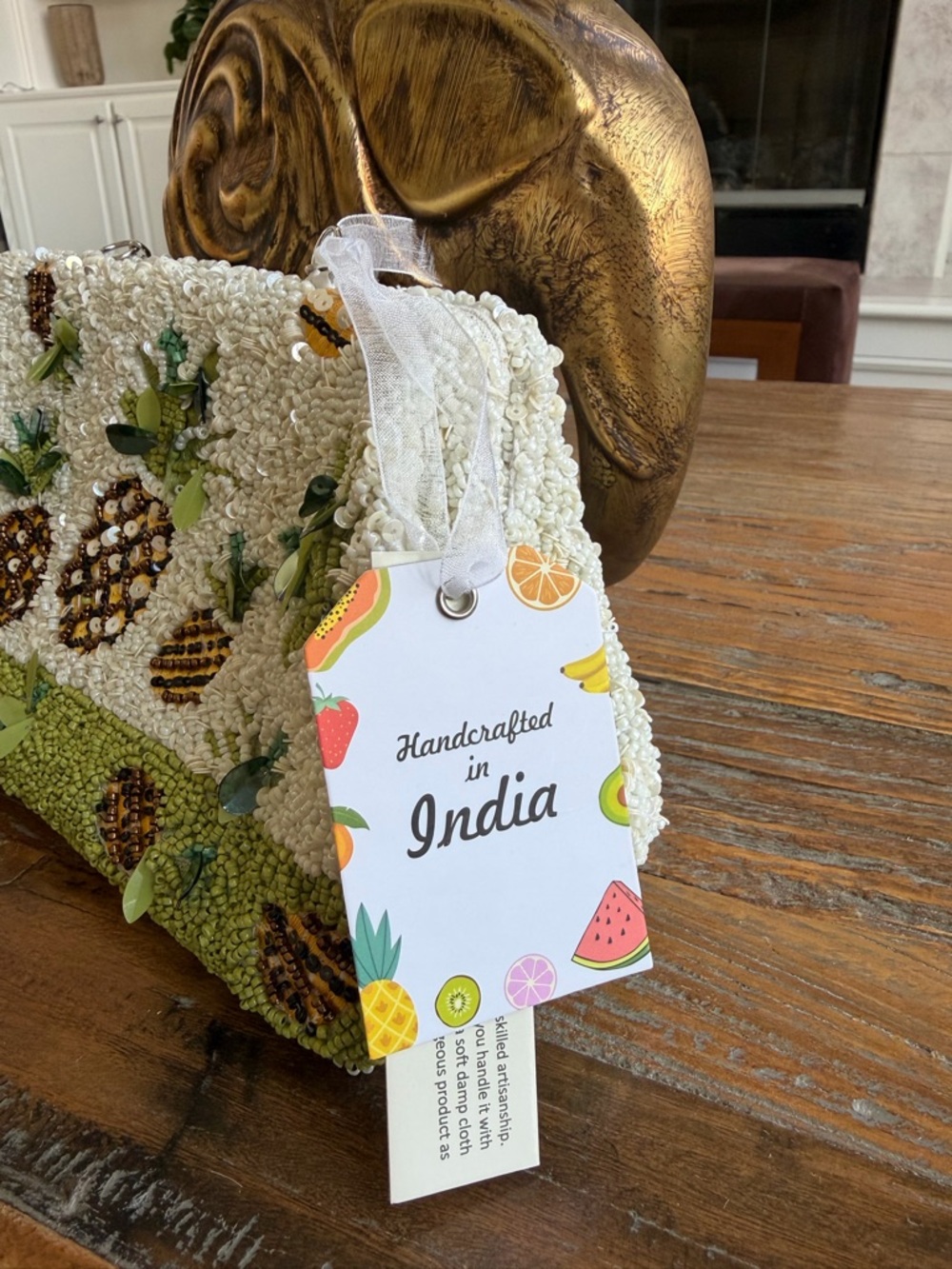 Beaded Pineapple Motif Clutch/Crossbody Bag - Green & White - Picture 5 of 15